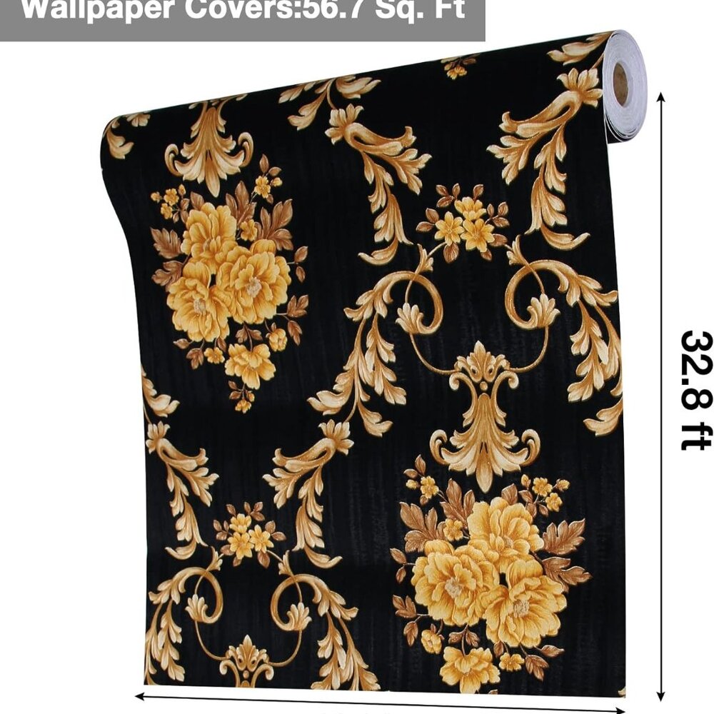 TORC Black Gold Damask Peel & Stick Removable Wallpaper Jumbo Roll  20.8”x 32.8"